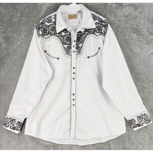 Scully Shirt Mens XXL White Silver Floral Embroidered Pearl Snap Western Vintage